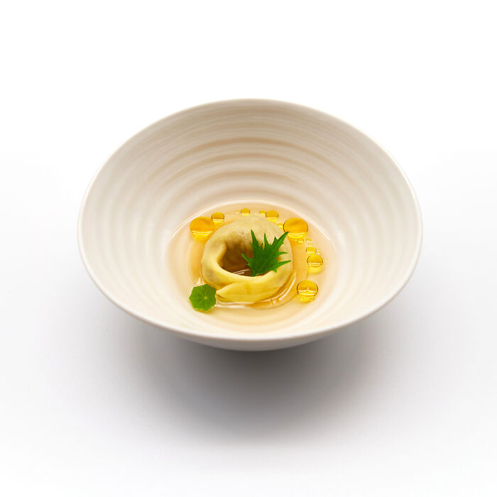 Pork Tortellini, Dashi, Langoustine Oil