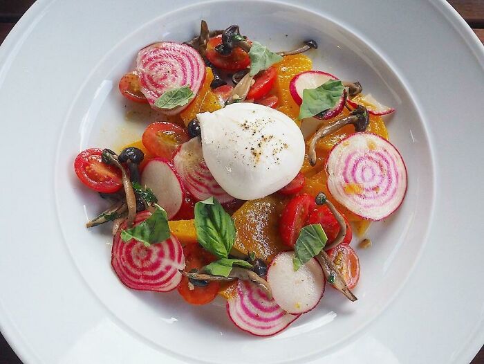 Burrata, Candy Strip Beets, Yellow Beets, Tomato, Mushroom, Radish, Basil