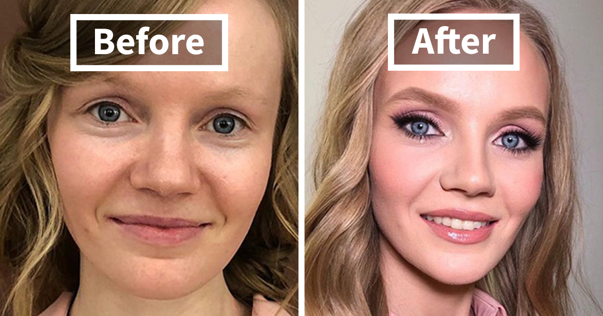Before and after makeup transformation of a woman showing the effects of makeup on facial features and complexion.