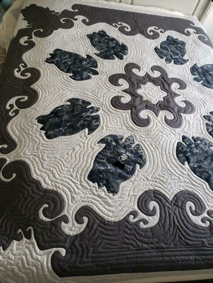 My Mom Sent Me My Brothers Retired Navy Uniform And Asked Me To Make Him Something. My Brother Sent Me This Quilt Pattern When He Was In Port In Hawaii, So I Made The Obvious Decision. I Asked My Long Arm Quilter To Echo The Design, And She Blew My Away With Her Design!