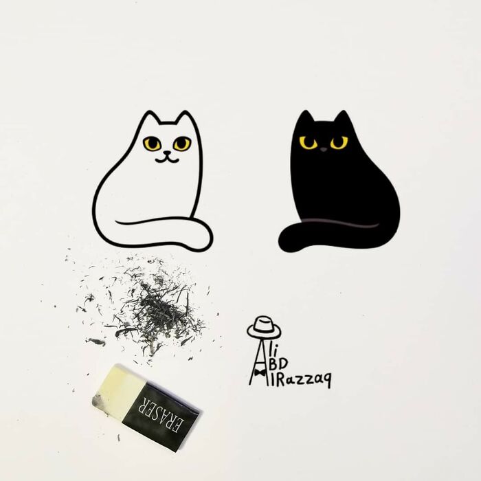 Interactive illustrations of black and white cats creatively using eraser shavings as everyday items in the artwork.