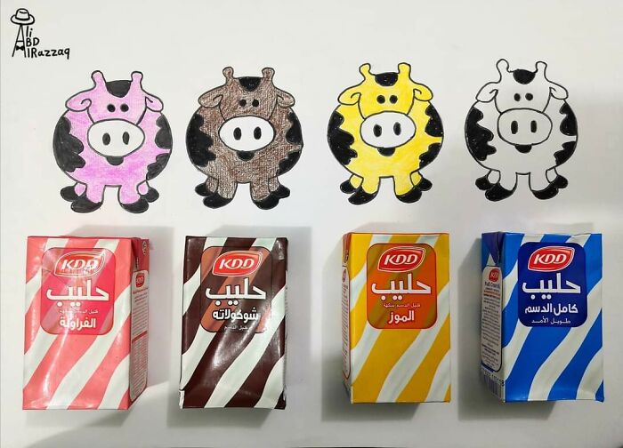 Colorful interactive illustrations of cows paired with striped milk cartons resembling everyday items.