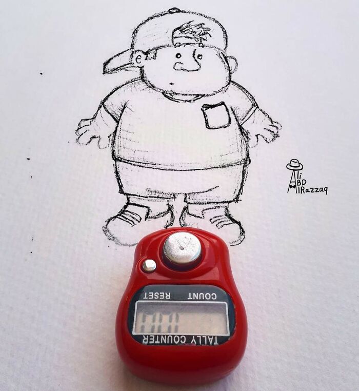 Sketch of a boy wearing a cap paired with a red tally counter, an interactive illustration using everyday items.