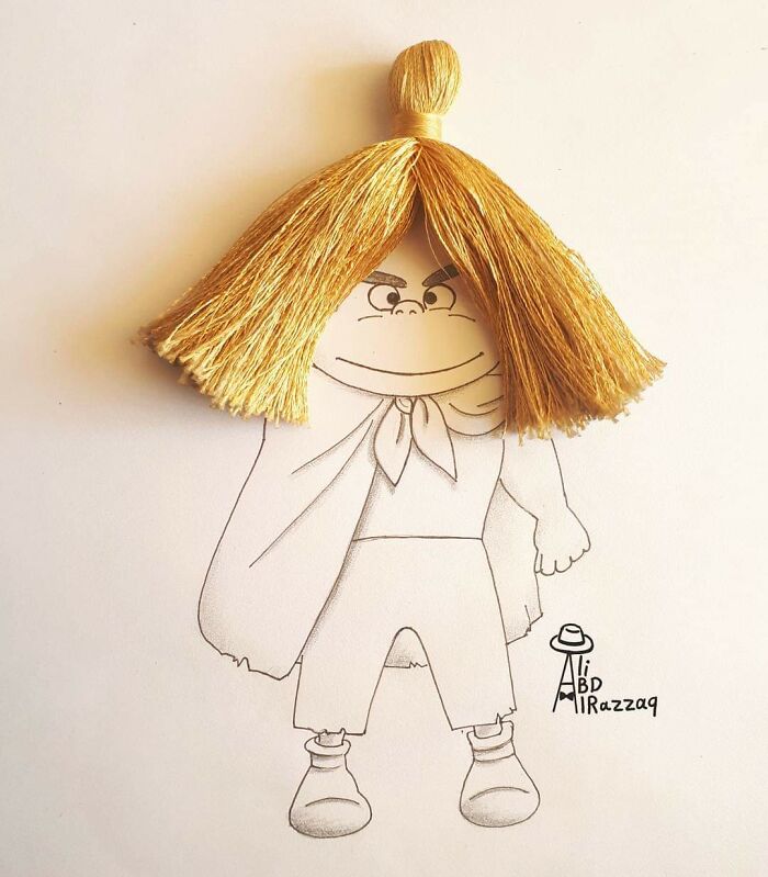 Illustration of a cartoon character with a cape and interactive hair made of everyday braided straw.