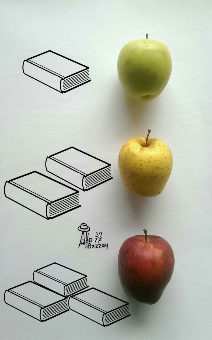 Interactive illustrations featuring apples paired with simple book drawings using everyday items creatively.