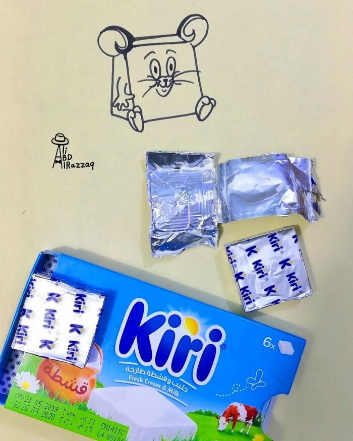 Interactive illustration of a mouse using everyday cream cheese packaging creatively integrated into the drawing.