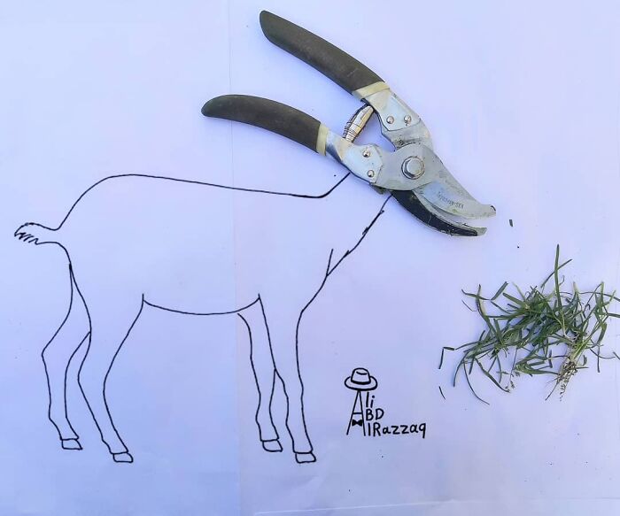 Interactive illustration of a goat using garden shears and grass as everyday items integrated into the drawing.