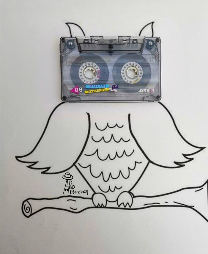 Owl illustration using a cassette tape as eyes, showcasing interactive illustrations with everyday items.