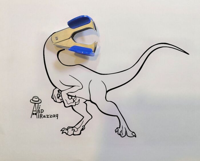 Interactive illustration of a dinosaur with a stapler as its head, incorporating everyday items in creative artwork.