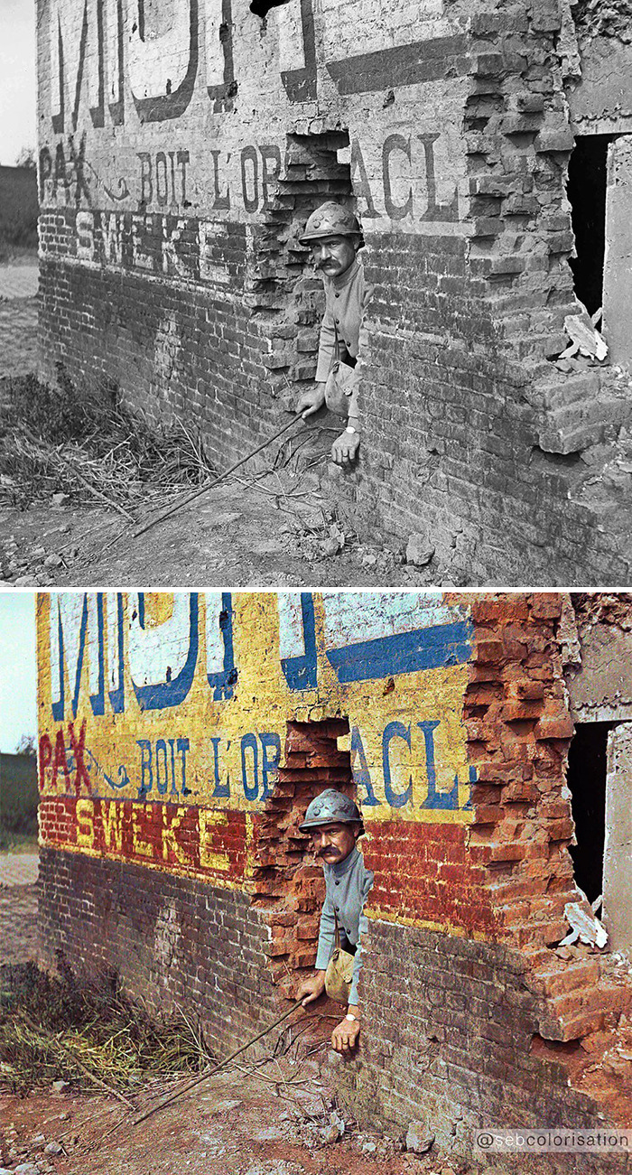 French Soldier In The Ruins Of A House, Michelin Advertising Says "Michelin Drink The Obstacle" Note The Pax Graffiti, 1916