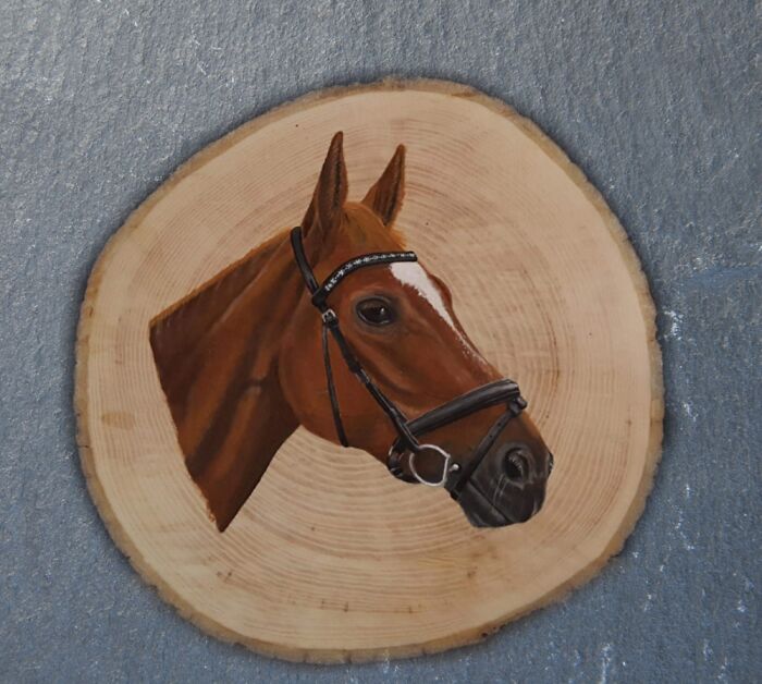 Horse Painted On Wooden Disk.