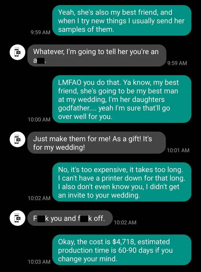 Entitled Bride Believes This Stranger Owes Her A Custom Order Done For Free, Gets Livid When He Refuses Entitled Bride Believes This Stranger Owes Her A Custom Order Done For Free, Gets Livid When He Refuses