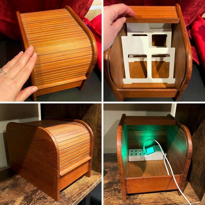 I Initially Thought This Was A Photo Organizer Or Recipe Card Holder, But It Appears To Be A Floppy Disk Organizer! Anyway, I Fell In Love With Its Little Roll Top At The Thrift Store And Took It Home To Upcycle Into A Charging Station. It’s So Nice To Have A Way To Hide All The Ugly Cables!