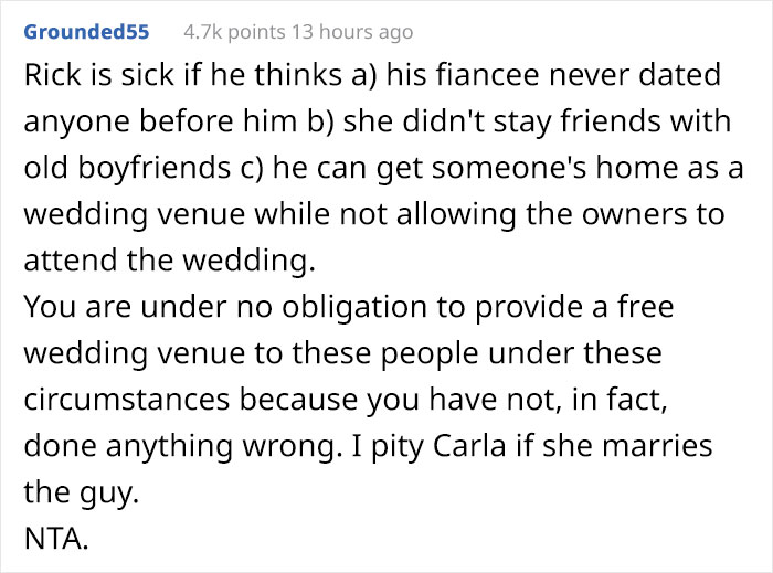 Guy Gets Uninvited From His Best Friend's Wedding Over Her Jealous Fiancé, Doesn't Want To Let Them Have The Wedding On His Property Anymore Guy Gets Uninvited From His Best Friend's Wedding Over Her Jealous Fiancé, Doesn't Want To Let Them Have The Wedding On His Property Anymore