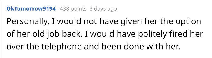Recently Promoted Employee Takes A Day-Off Without Telling Anyone, Boss Makes Her Choose Between Demotion Or Termination