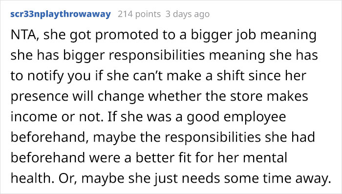 Recently Promoted Employee Takes A Day-Off Without Telling Anyone, Boss Makes Her Choose Between Demotion Or Termination Recently Promoted Employee Takes A Day-Off Without Telling Anyone, Boss Makes Her Choose Between Demotion Or Termination