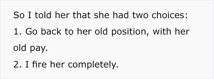 Recently Promoted Employee Takes A Day-Off Without Telling Anyone, Boss Makes Her Choose Between Demotion Or Termination