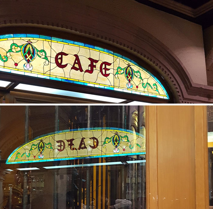 The Reflection Of This Stained Glass Seems To Spell "Dead"