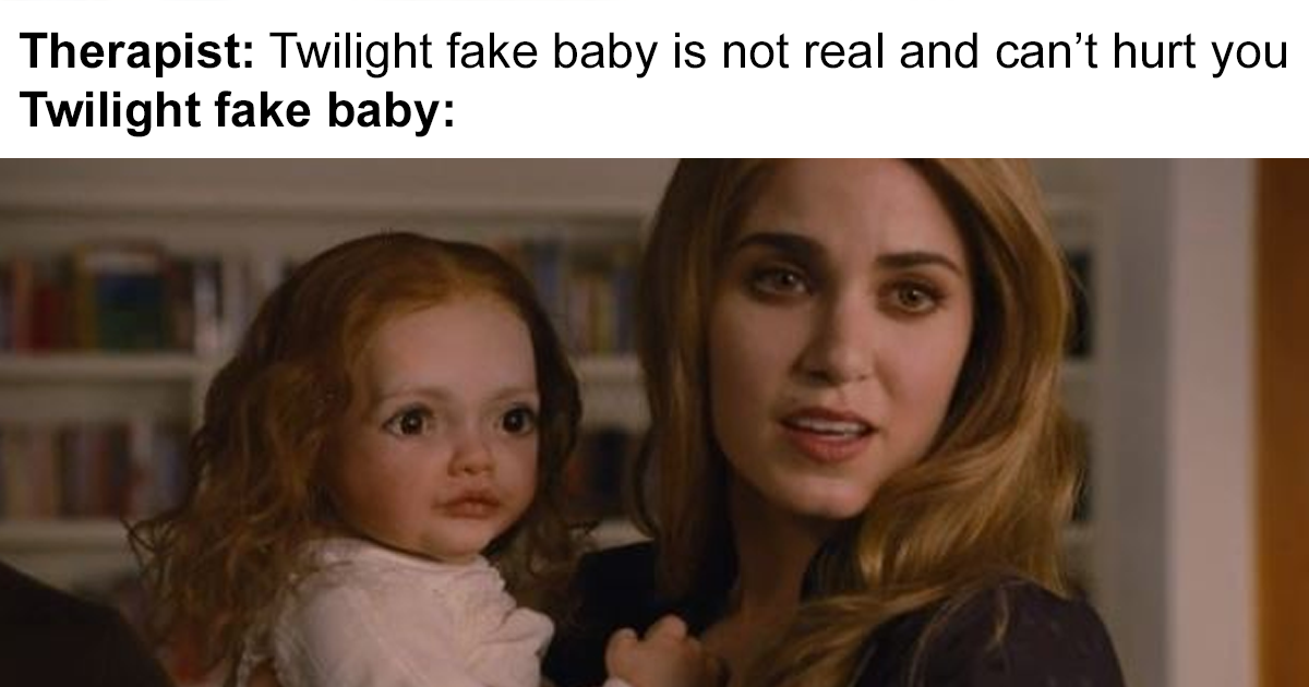Woman holding a doll with edited large eyes, highlighting one of the craziest Twilight saga memes fans are re-watching.