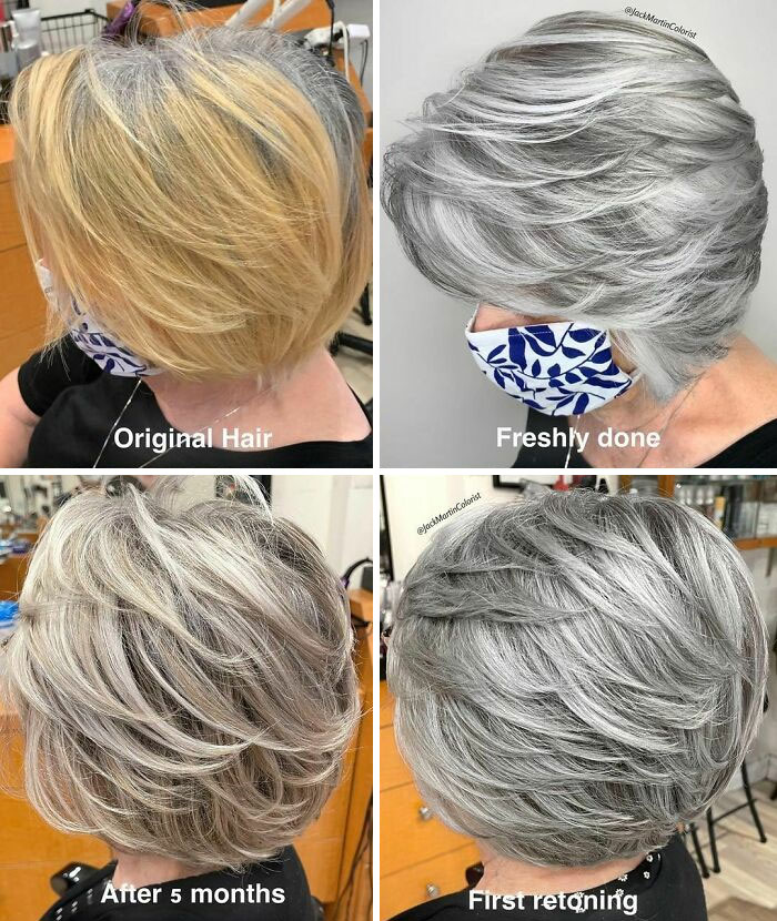 Woman’s hair transformation embracing natural grey hair styled by a hairstylist shown before and after results.
