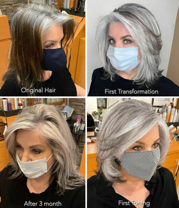 Woman showing natural grey hair transformation by hairstylist in four stages including original, first transformation, three months, and toning.