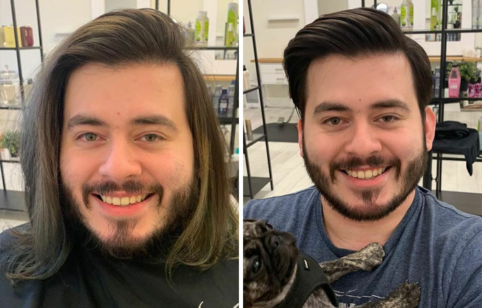 After 2 Years Of Growing, Chance Decided To Chop It Off. It Was A Late Night Decision So Our Puppo Got To Be In The Picture Too!