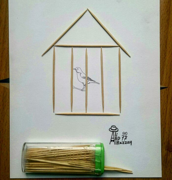 Interactive illustration of a bird in a cage made from toothpicks and drawing, incorporating everyday items creatively.