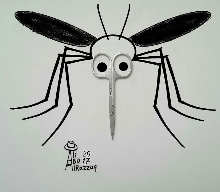 Interactive illustration of a mosquito using scissors and everyday items to create eyes and body parts.