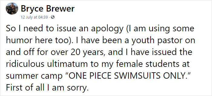 Pastor Issues An Apology For Making Girls Wear One-Piece Swimsuits, And His Honest Letter Goes Viral