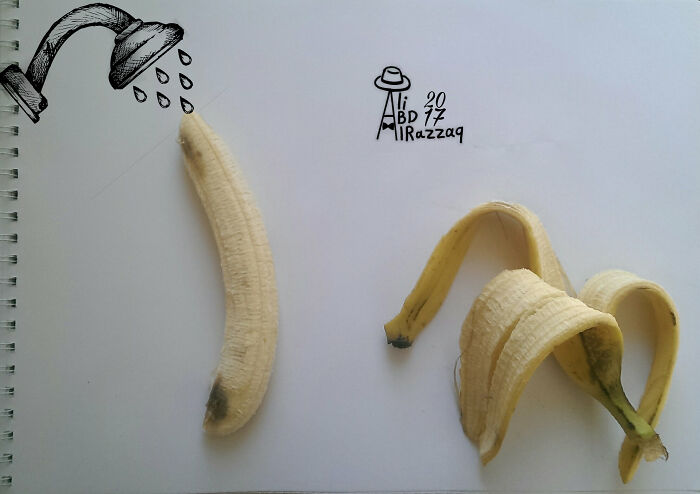 Interactive illustration combining a peeled banana and a shower drawing using everyday items creatively.