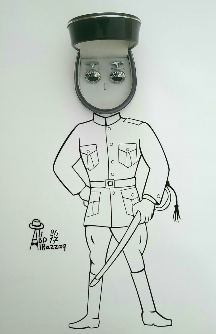 Interactive illustration of a soldier using everyday items like a jewelry box and cufflinks as the head and eyes.