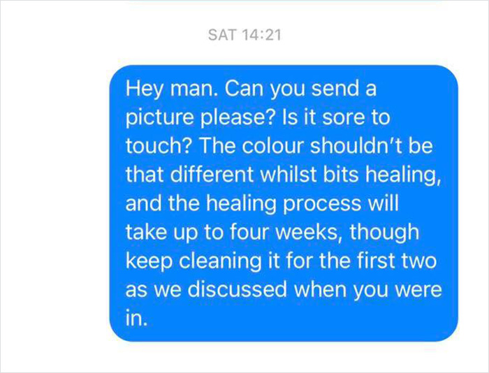 Text exchange from tattoo parlor asking customer for a picture and discussing healing process. Text exchange from tattoo parlor asking customer for a picture and discussing healing process.