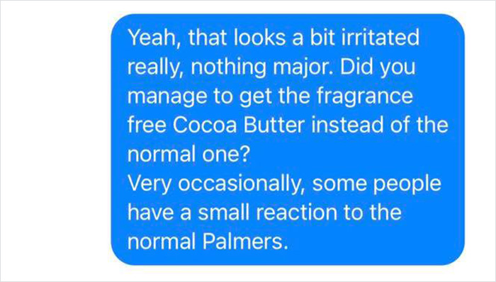 Text message exchange about cocoa butter recommendation in a tattoo parlor chat. Text message exchange about cocoa butter recommendation in a tattoo parlor chat.