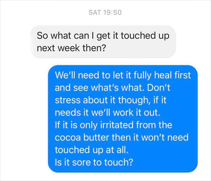 Text exchange between a tattoo parlor and a customer discussing aftercare and healing time.
