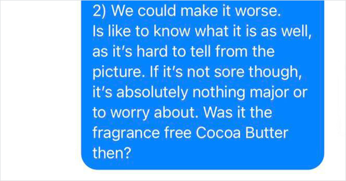 Chat screenshot from a tattoo parlor discussing cocoa butter use with a customer. Chat screenshot from a tattoo parlor discussing cocoa butter use with a customer.
