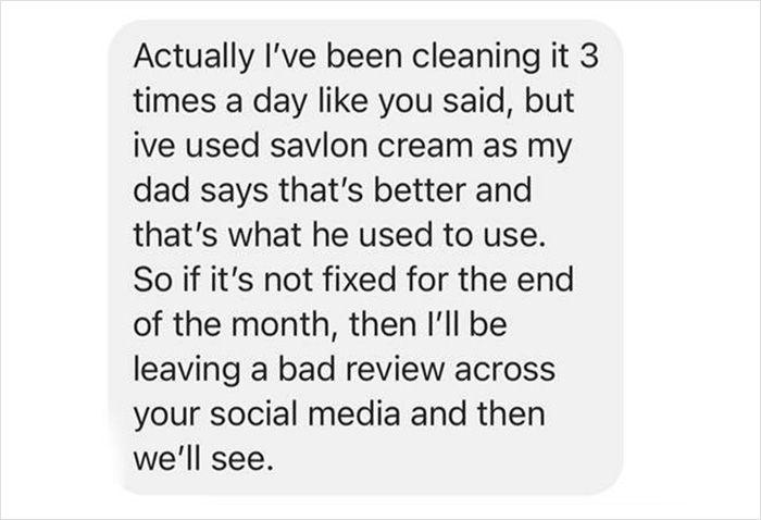 Tattoo parlor customer chat reveals misunderstanding about aftercare instructions. Tattoo parlor customer chat reveals misunderstanding about aftercare instructions.