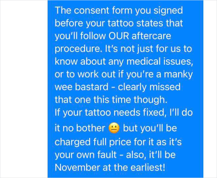 Tattoo parlor's viral chat with a customer about aftercare instructions. Tattoo parlor's viral chat with a customer about aftercare instructions.