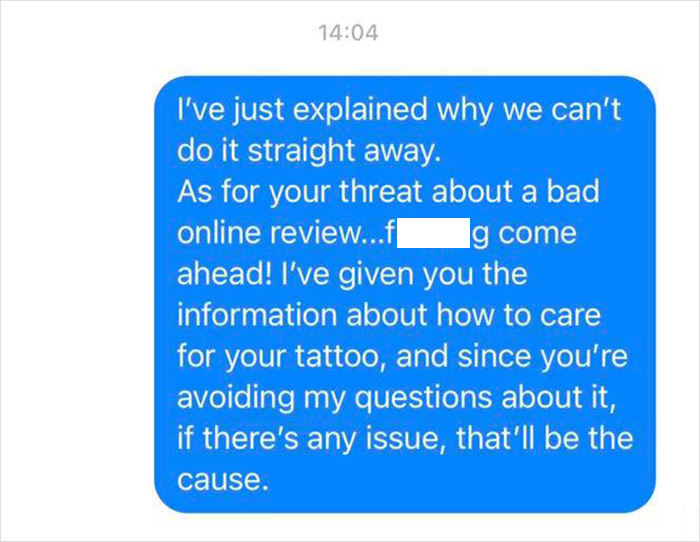 Text exchange between tattoo parlor and customer discussing instructions.