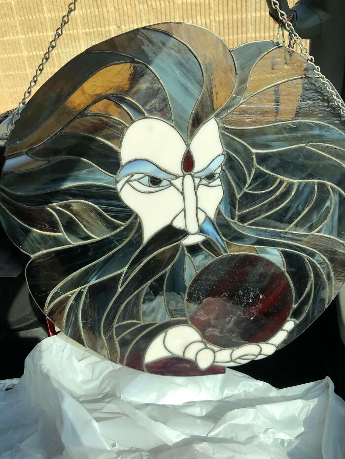 Goodwill Find Of The Day! I Only Paid $20 For This Stain Glass Wizard. What Shall I Name Him?! His Eyes Are Emerald Green!