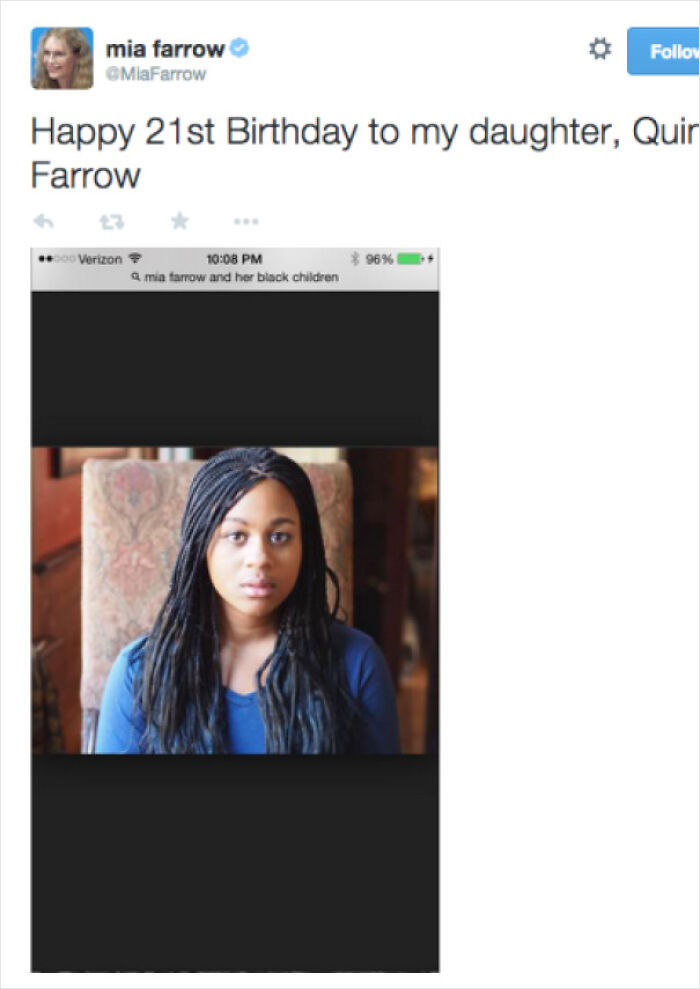 Mia Farrow Wishes Her Adopted Black Daughter Happy Birthday On Twitter, Googles "Mia Farrow And Her Black Children" To Find A Picture Of Her To Post