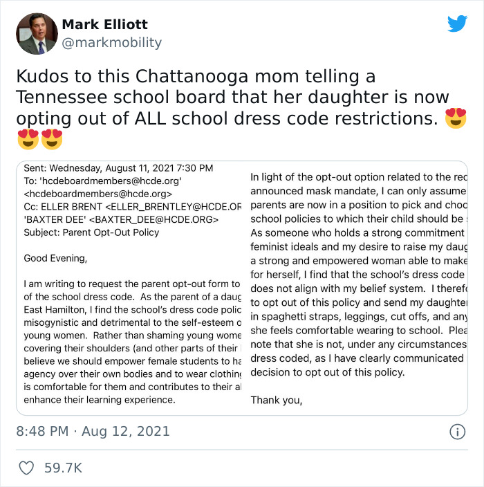 Mom Calls Out School For Making Her Daughter Adhere To Misogynistic Dress Codes While They Made Masks 'Optional'