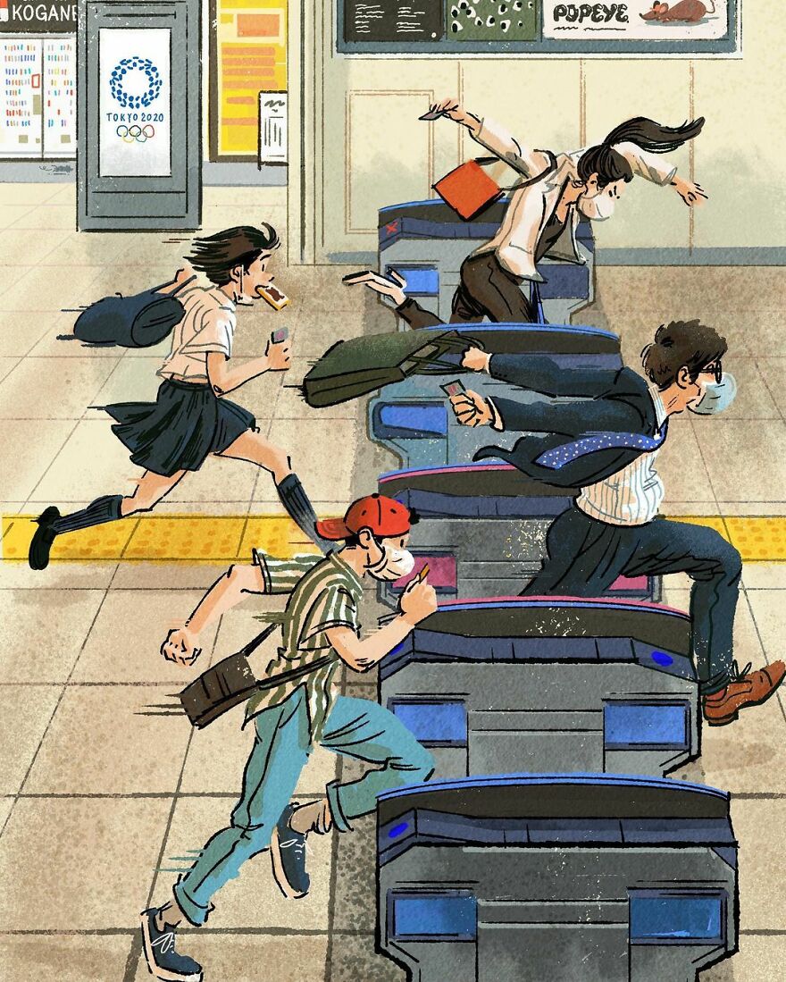 Artist Creates A Series Of Illustrations Showing The Daily "Olympics" Held By The People Of Tokyo ( 16 Pics)