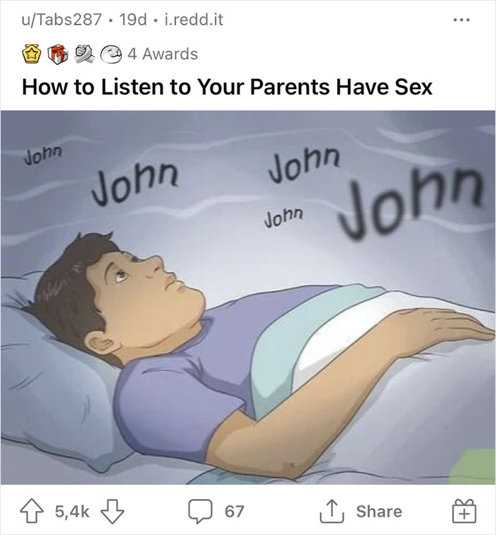 A man lies in bed, eyes wide, with the word "John" repeatedly echoing around him.