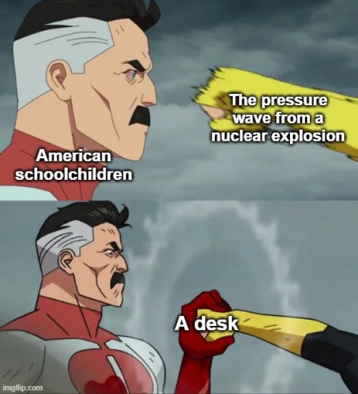 Debris? Shrapnel? American School Desks Laugh In The Face Of Such Dangers!