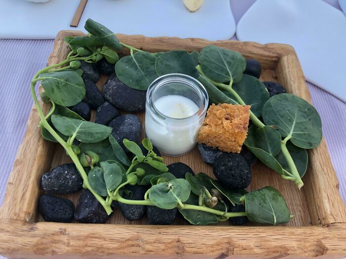 Pot Of Yoghurt And Some Bread In A Box Of Inedible Rocks