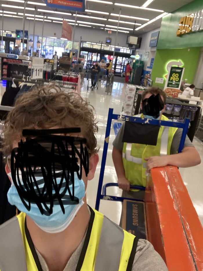 My Friend And I Pushing Stock Around Walmart In Yellow Vests. We Don’t Work At Walmart.