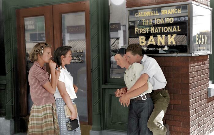 Teenage Meet-Up On Main Street, Caldwell Idaho, June-July 1941. My Colorisation Of B&w By Russell Lee