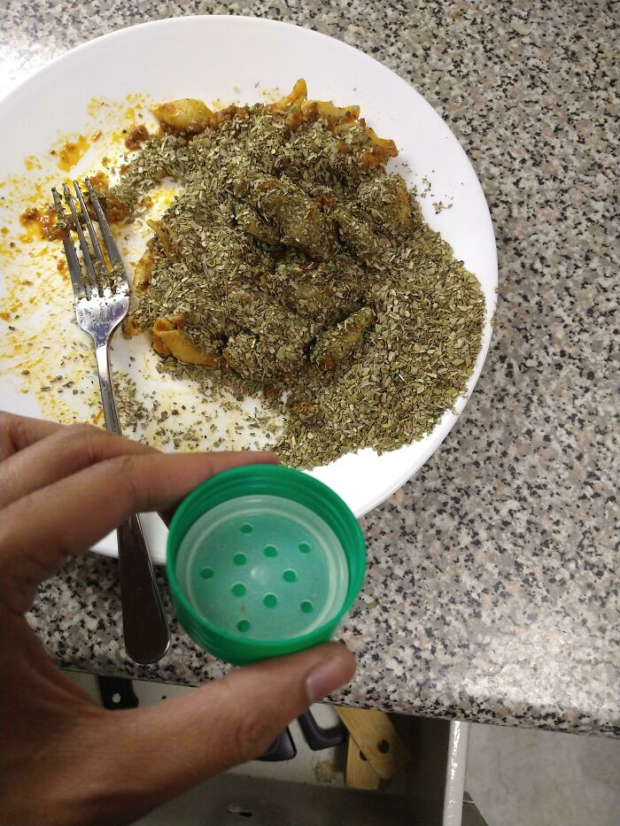 I Cooked Pasta After A Long Week, Attempted To Pour Some Oregano, And Part Of The Shaker Decided To Get Stuck In There