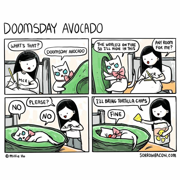 Comic strip by Sorrowbacon showing a funny twist on life with a cat hiding in an avocado bowl and sharing chips.