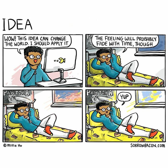 Comic strip featuring a character with funny twists about life’s random things, illustrating a relatable idea and procrastination.